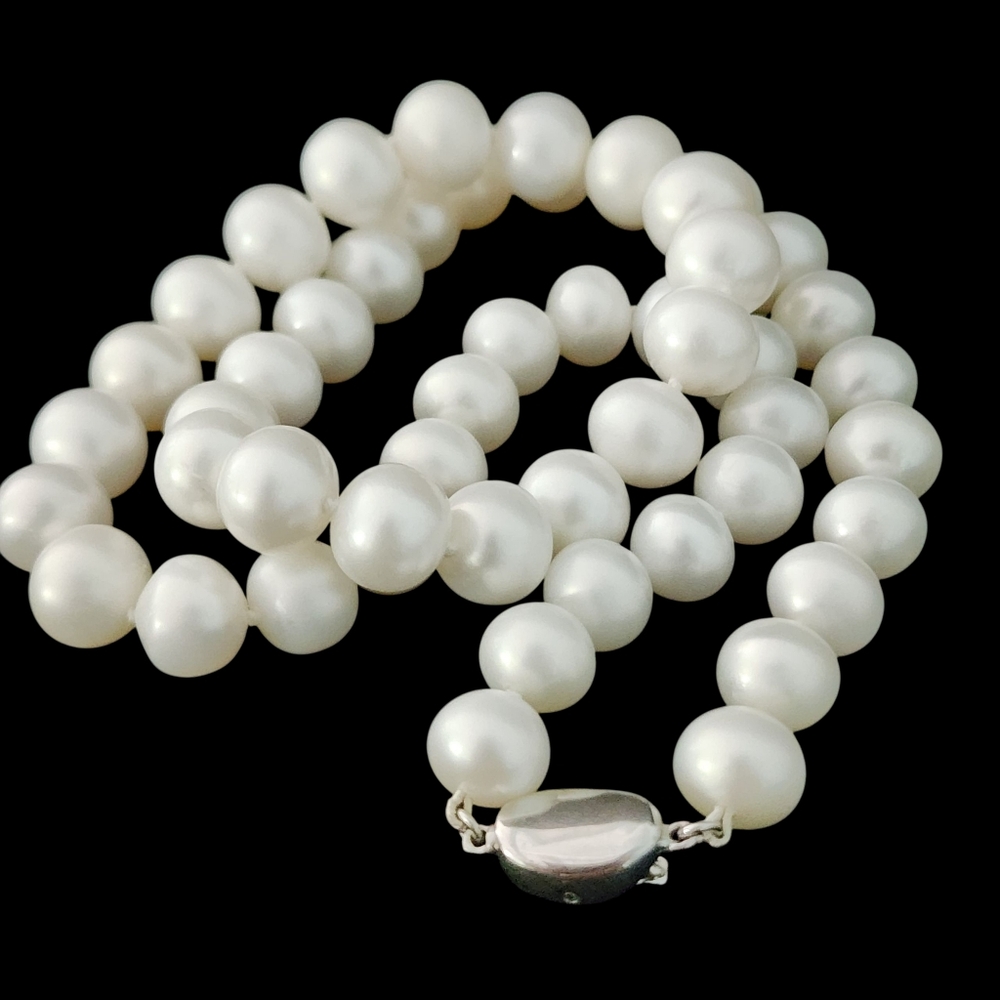Pearl necklace 925 sterling silver bean clasp matte pearls hand knotted P333 -1Q